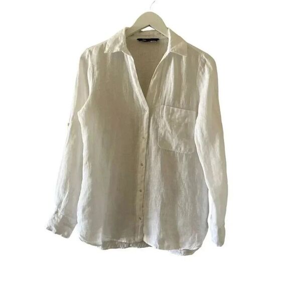 Zara Linen White Button-Down Collar Rolling Sleeves Solid Basic SZ XS #1215 - Picture 1 of 15